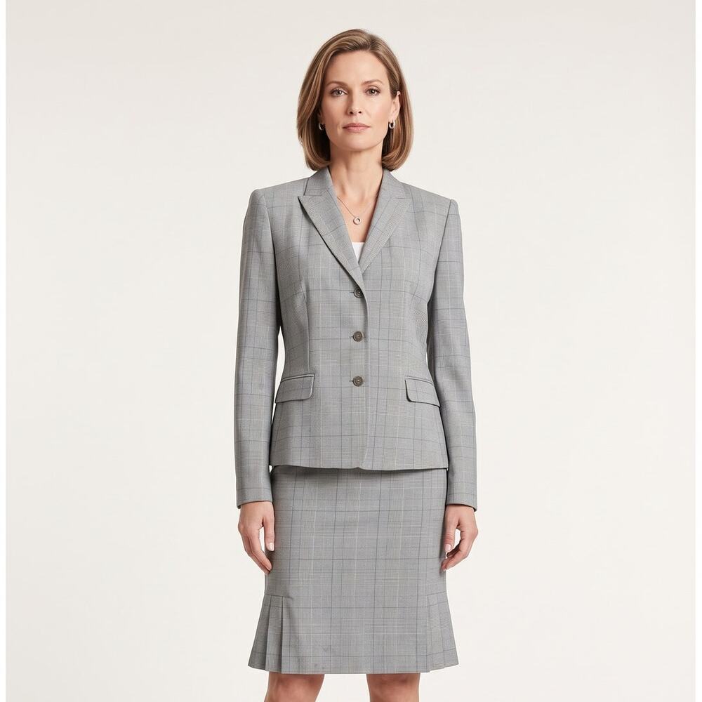 Tahari ASL Gray Plaid Skirt Suit Set 10 Blazer Jacket Pencil Work Career Office